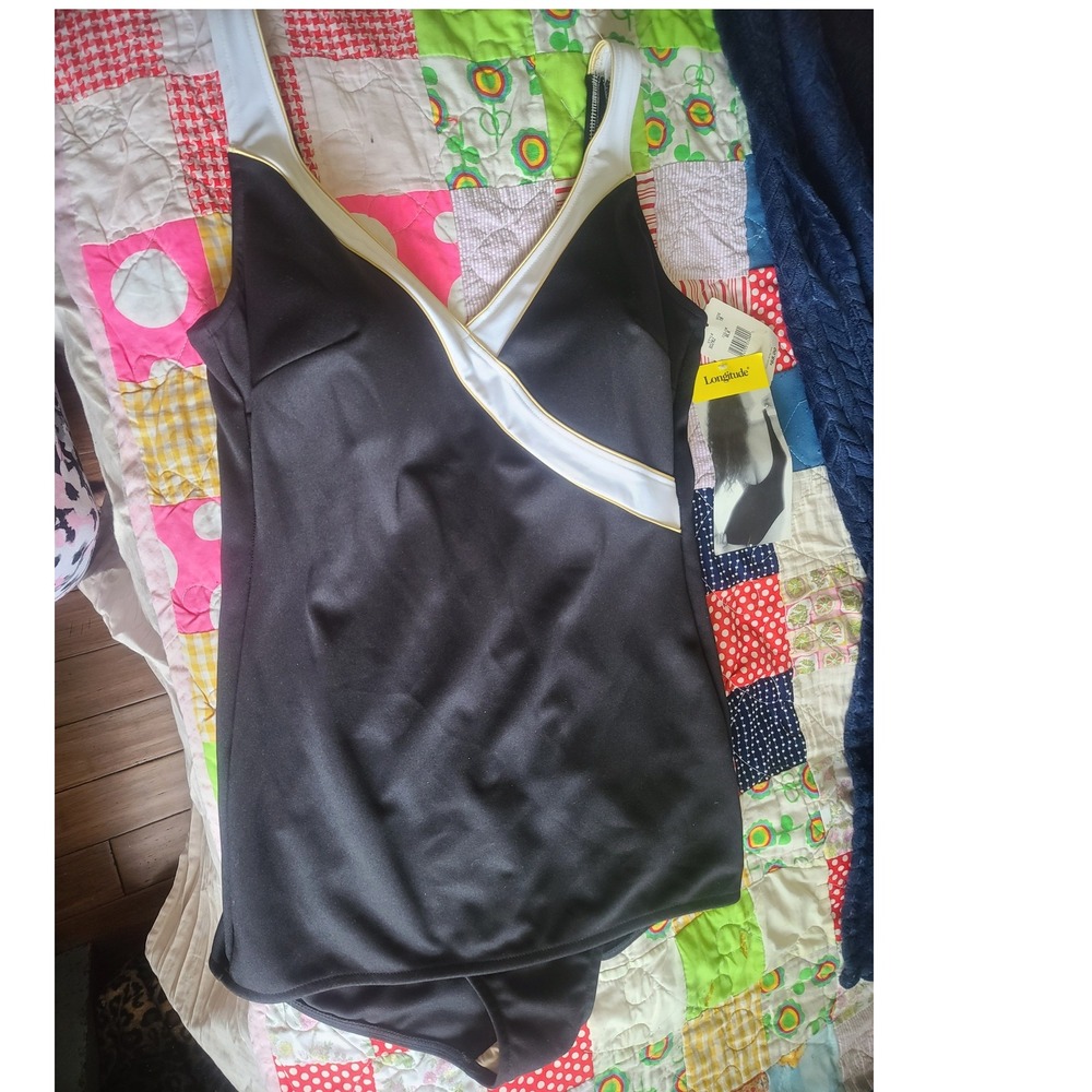 Longitude Swimsuit Size 18 Black One Piece Tummy Control Gold Trim NWT 30282